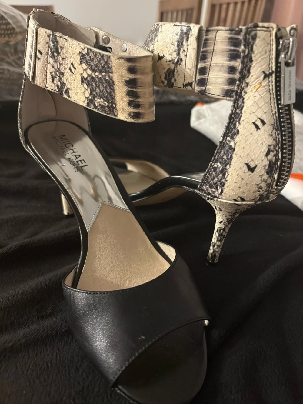 Michael Kors Black Sandal Heels with Beige Snake-Print Ankle Strap